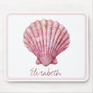 Coastal Pink Seashell on White Personalized Mouse Pad