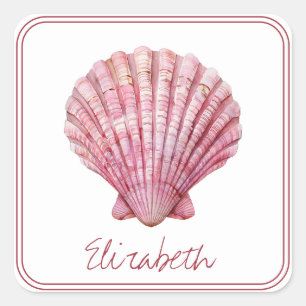 Coastal Pink Seashell on White Personalized Square Sticker