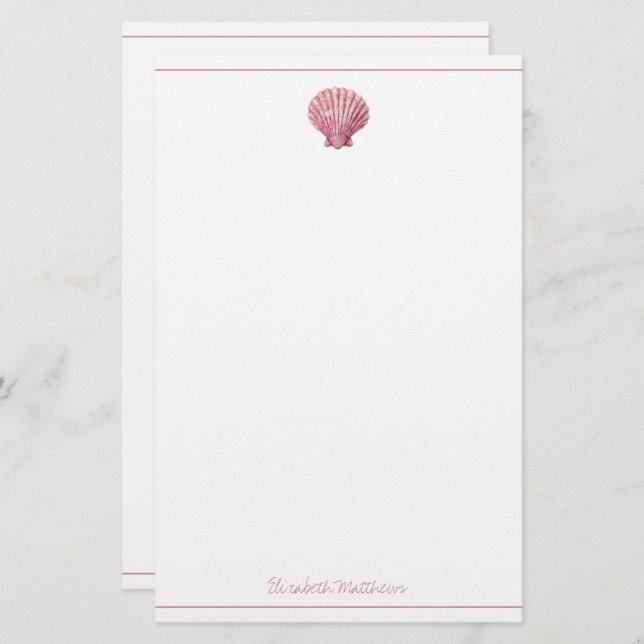 Coastal Pink Seashell on White Personalized Stationery (Front/Back)