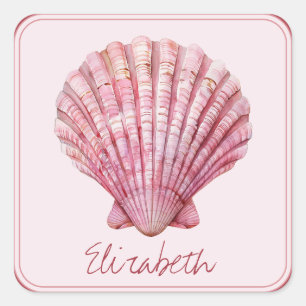 Coastal Pink Seashell Personalized Square Sticker