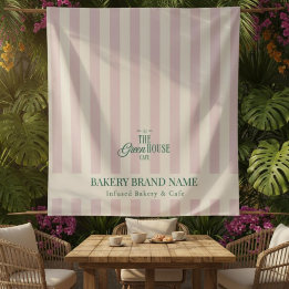 Coastal Pink Stripes Bakery Logo Table Runner Tapestry