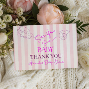 Coastal Pink Stripes Girl Sea Soon You Baby Shower Thank You Card