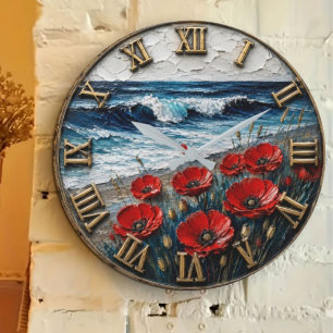 Coastal Poppy Beach Ocean Waves Floral Art  Large Clock