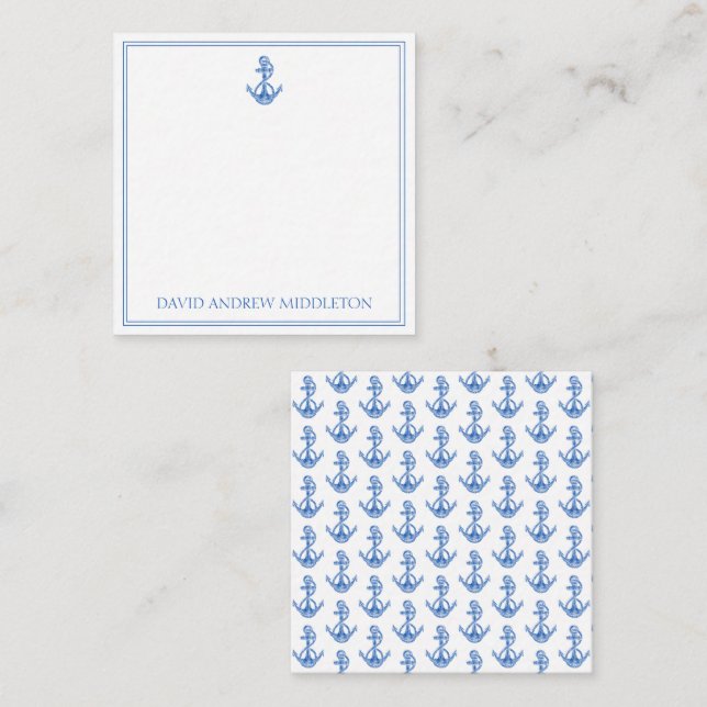 Coastal Preppy Blue and White Anchor Personalized Card (Front/Back)