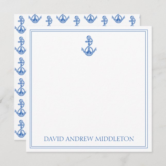 Coastal Preppy Blue and White Anchor Personalized Card (Front/Back)
