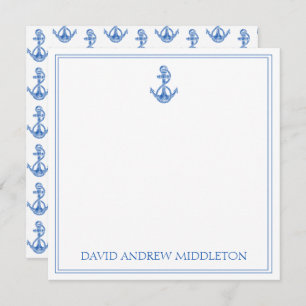 Coastal Preppy Blue and White Anchor Personalized Card
