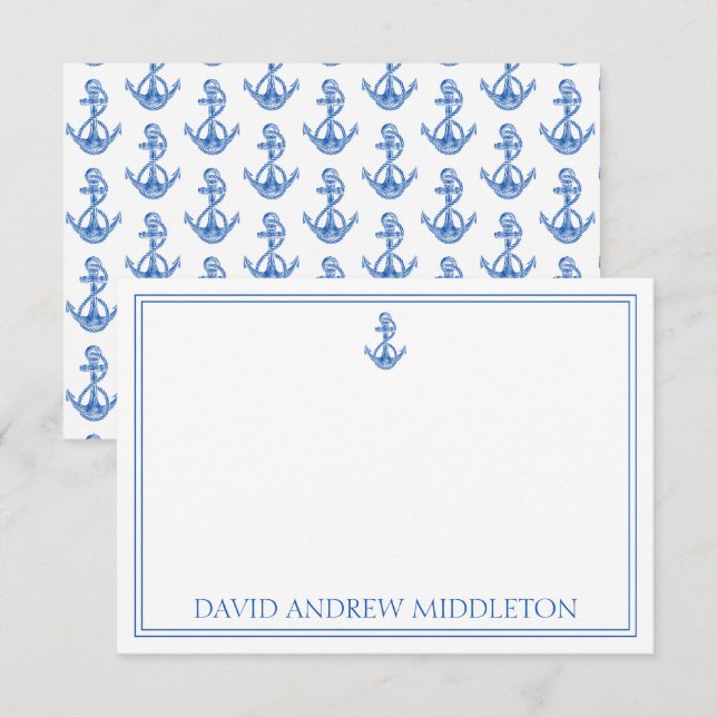 Coastal Preppy Blue and White Anchor Personalized Card (Front/Back)
