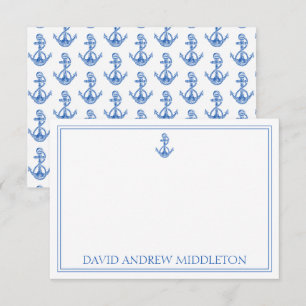 Coastal Preppy Blue and White Anchor Personalized Card