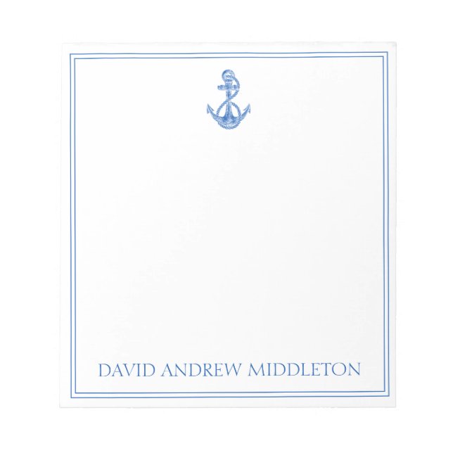 Coastal Preppy Blue and White Anchor Personalized Notepad (Front)