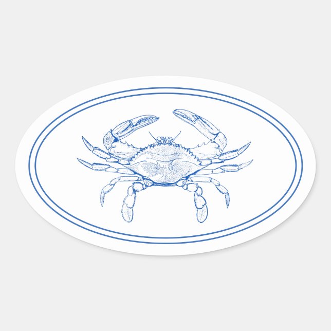 Coastal Preppy Blue and White Crab Oval Sticker (Front)
