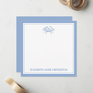 Coastal Preppy Blue and White Crab Personalized Card