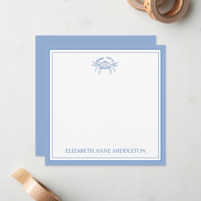 Coastal Preppy Blue and White Crab Personalized Card (Front/Back In Situ)