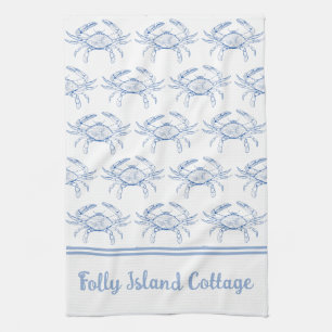 Coastal Preppy Blue and White Crab Personalized Kitchen Towel