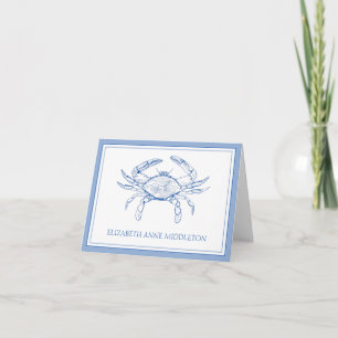 Coastal Preppy Blue and White Crab Personalized Note Card