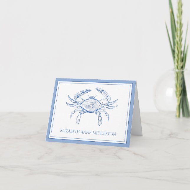 Coastal Preppy Blue and White Crab Personalized Note Card (Front)