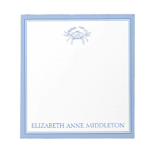 Coastal Preppy Blue and White Crab Personalized Notepad