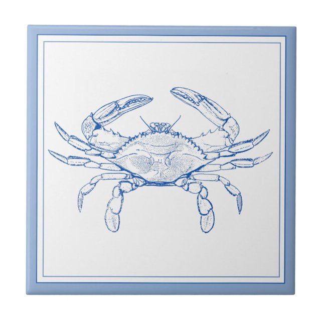 Coastal Preppy Blue and White Crab Tile (Front)