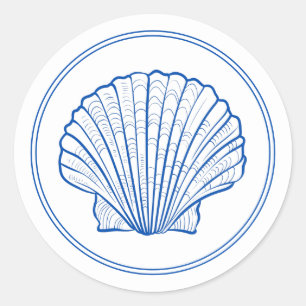 Coastal Preppy Blue and White Scallop Shell Classic Round Sticker