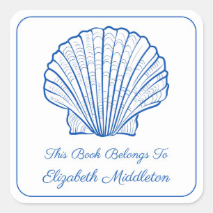 Coastal Preppy Blue and White Shell Bookplate Square Sticker