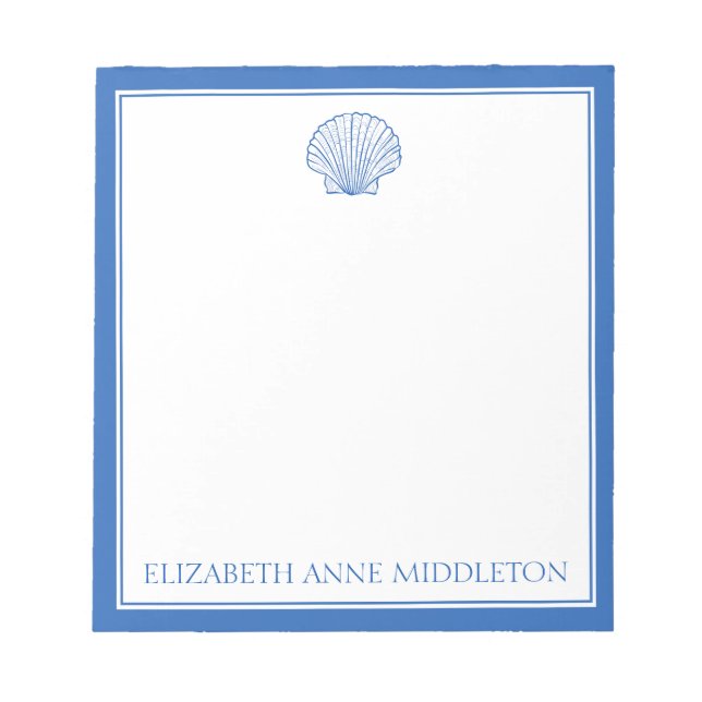 Coastal Preppy Blue and White Shell Personalized Notepad (Front)