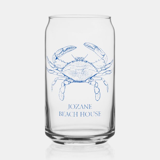 Coastal Preppy Blue Crab Personalized Can Glass (Front)