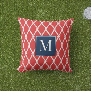 Coastal Preppy Nautical Monogram – Red & Navy Outdoor Pillow