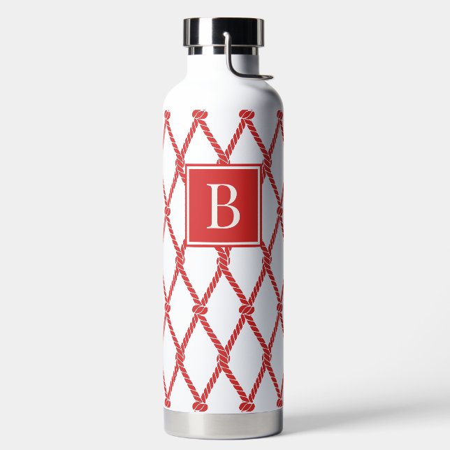 Coastal Preppy Nautical Monogram - Red & White Water Bottle (Left)
