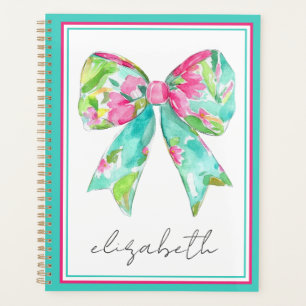 Coastal Preppy Pink and Green Bow Personalized Planner