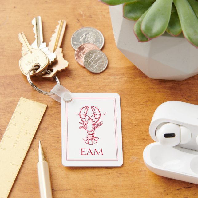 Coastal Preppy Red and White Lobster Monogram Keychain (Desk)