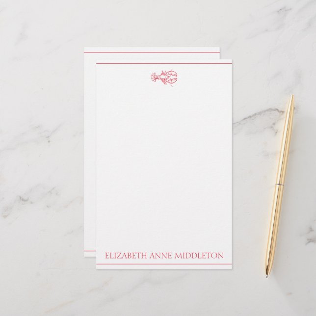 Coastal Preppy Red and White Lobster Personalized Stationery (Front/Back In Situ)