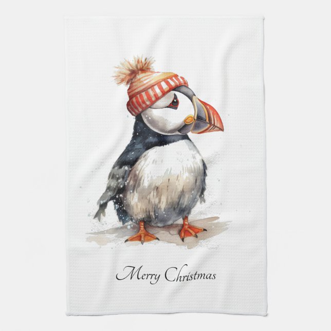 Coastal Puffin Christmas Kitchen Decor Towel (Vertical)