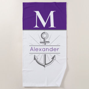 Coastal Purple Anchor Nautical Monogram Name Beach Beach Towel