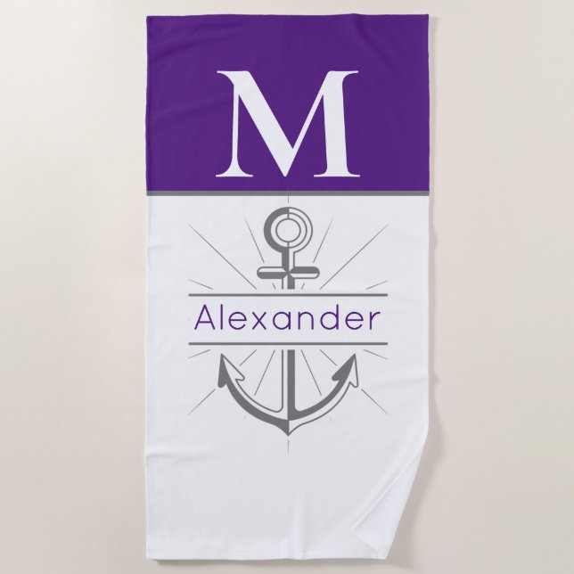 Coastal Purple Anchor Nautical Monogram Name Beach Towel (Front)