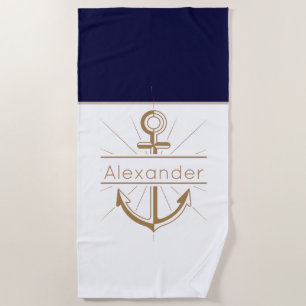 Coastal Red Anchor Nautical Monogram Name  Beach Towel