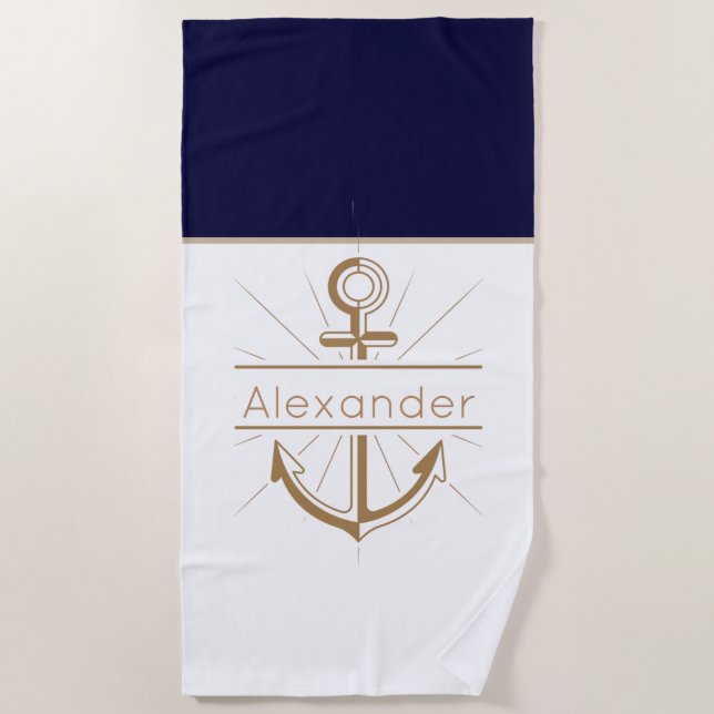 Coastal Red Anchor Nautical Monogram Name  Beach Towel (Front)