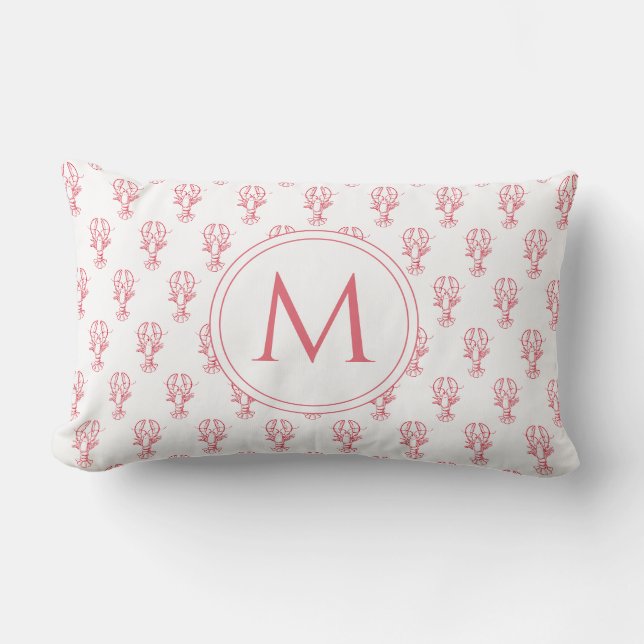 Coastal Red and White Lobsters Monogram Lumbar Pillow (Front)