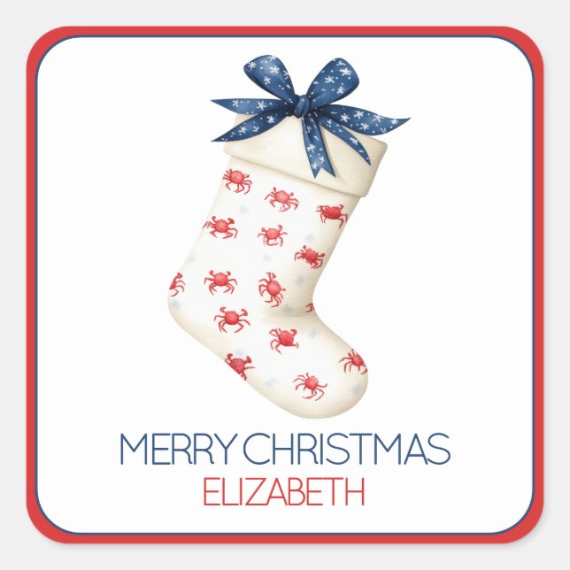Coastal Red Crab Christmas Stocking Square Sticker (Front)
