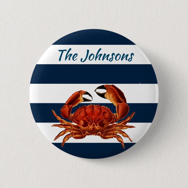 Coastal Red Crab Nautical Stripes 2 Inch Round Button (Front)