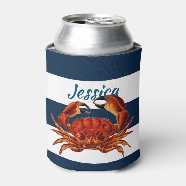 Coastal Red Crab Nautical Stripes Can Cooler (Can Front)