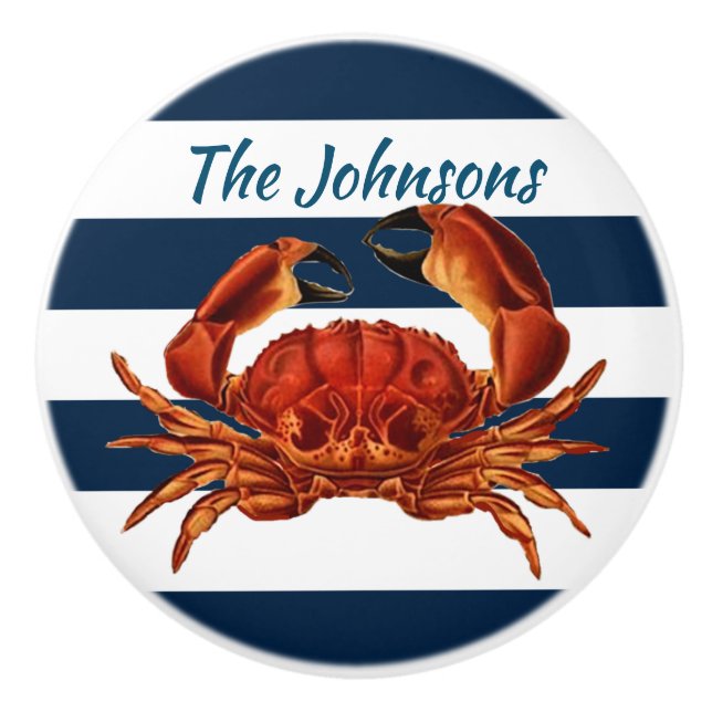 Coastal Red Crab Nautical Stripes Ceramic Knob (Front)