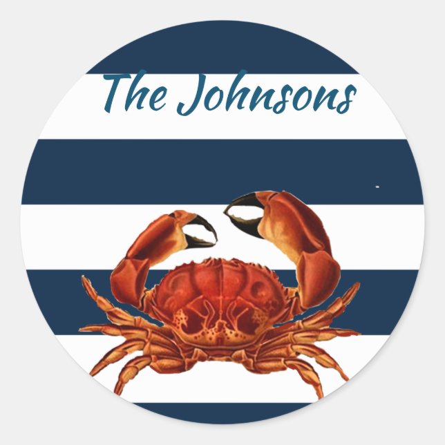 Coastal Red Crab Nautical Stripes Classic Round Sticker (Front)