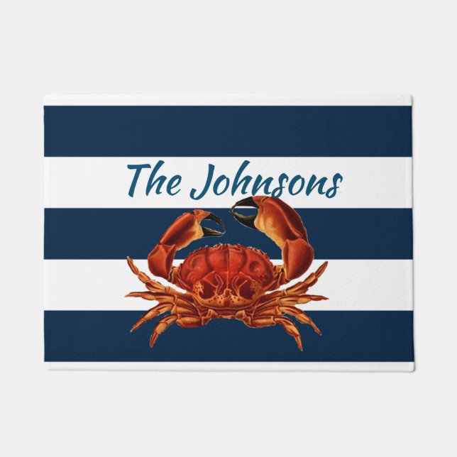 Coastal Red Crab Nautical Stripes Doormat (Front)