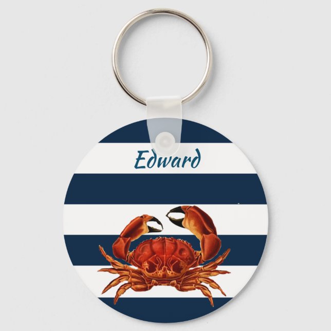 Coastal Red Crab Nautical Stripes Keychain (Front)