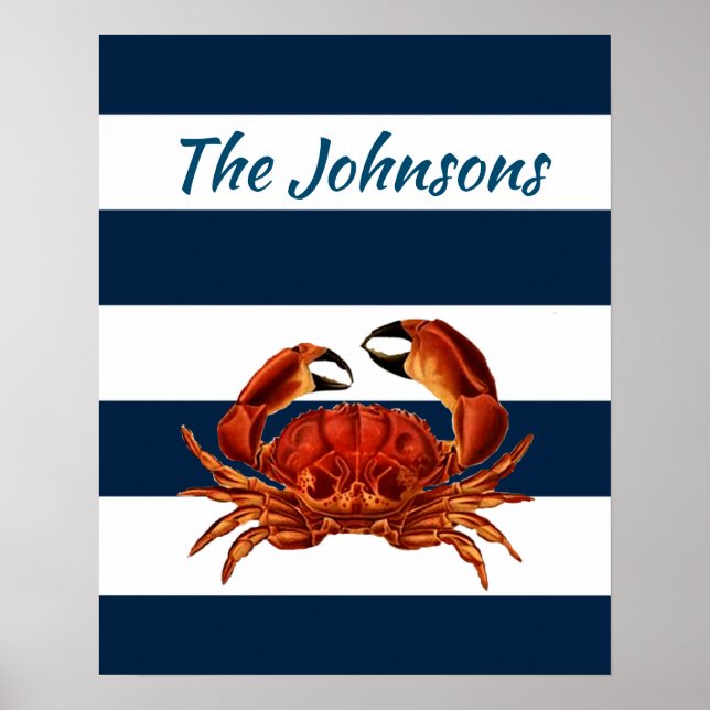Coastal Red Crab Nautical Stripes Poster (Front)