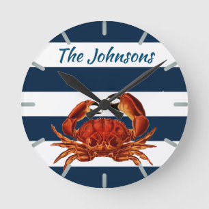 Coastal Red Crab Nautical Stripes Round Clock