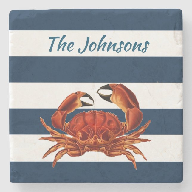 Coastal Red Crab Nautical Stripes Stone Coaster (Front)