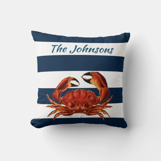 Coastal Red Crab Nautical Stripes Throw Pillow (Front)