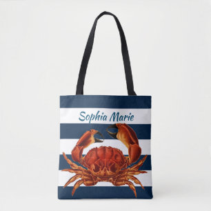 Coastal Red Crab Nautical Stripes Tote Bag