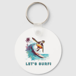 Coastal Retro Surfing Turtle - Let's Surf Keychain
