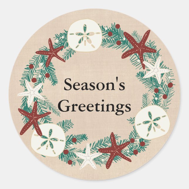 Coastal Rustic Beach Christmas Holiday Wreath Classic Round Sticker (Front)